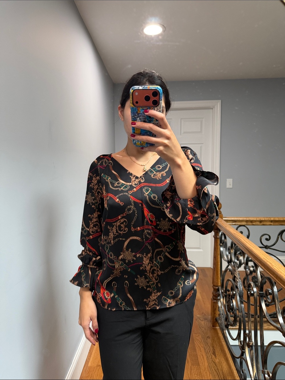 Bar III Womens Black Chain-Print V-Neck Blouse